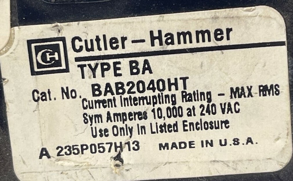 CUTLER HAMMER / WESTINGHOUSE BAB2040HT CIRCUIT BREAKER 40AMP 2POLE 240VAC1