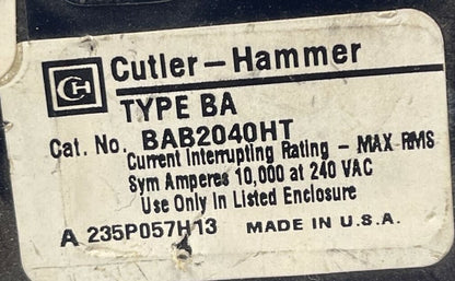 CUTLER HAMMER / WESTINGHOUSE BAB2040HT CIRCUIT BREAKER 40AMP 2POLE 240VAC1