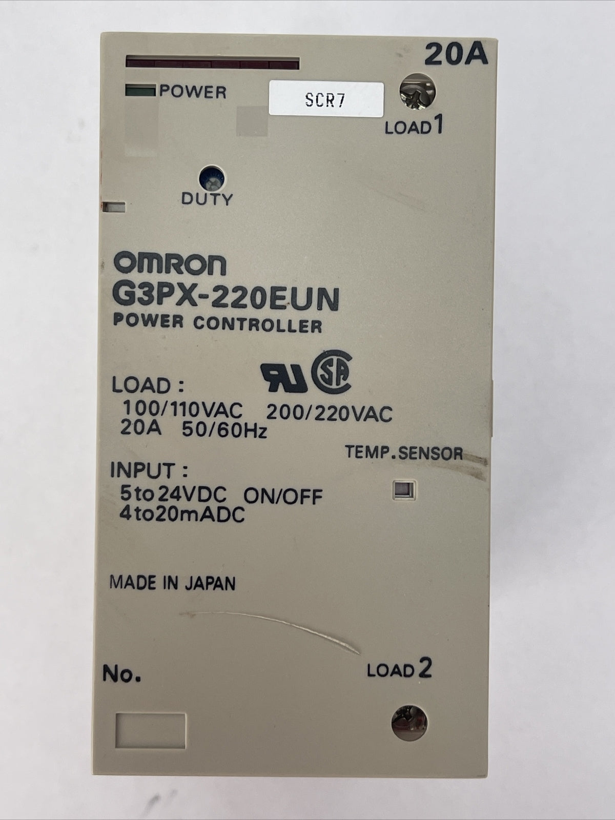OMRON G3PX-220EUN POWER CONTROLLER LOAD: 100/110VAC 200/220VAC 20A INPUT 5-24VDC0