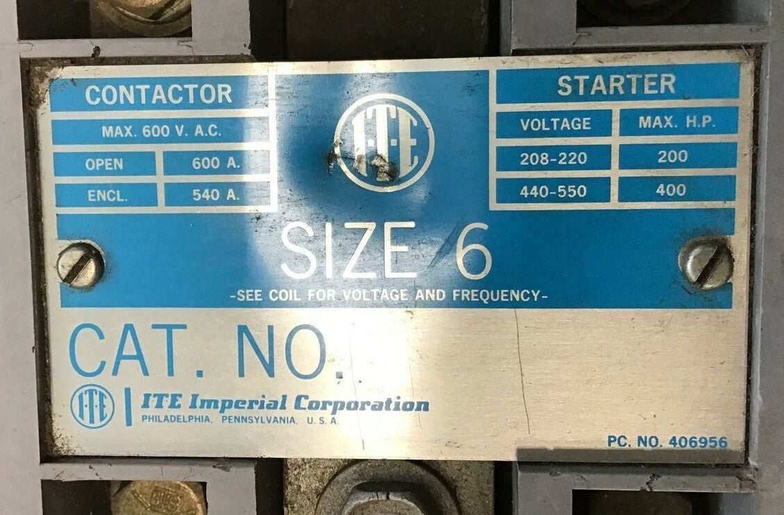 ITE MOTOR STARTER SIZE 6 600VAC 600A 400HP W/O COIL1