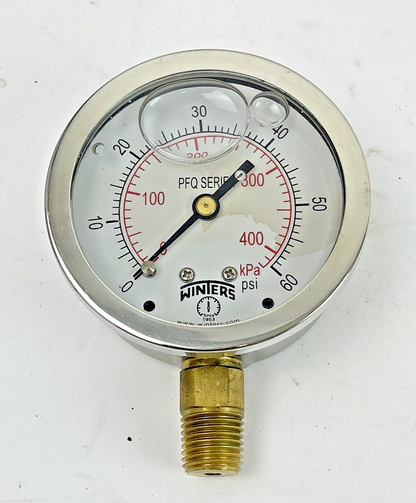 WINTERS - PFQ803- PRESSURE GAUGE - 63MM/ 2.5" DIAMETER, 1/4" NPT BTM, 0-60 PSI4