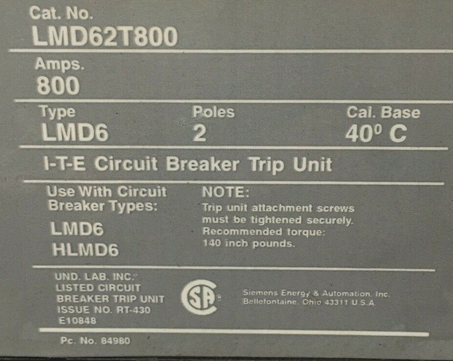 ITE LMD62T800 CIRCUIT BREAKER TRIP UNIT 800AMP MAGNETIC ADJ 3200-80001