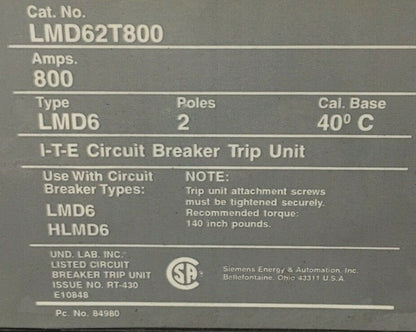 ITE LMD62T800 CIRCUIT BREAKER TRIP UNIT 800AMP MAGNETIC ADJ 3200-80001