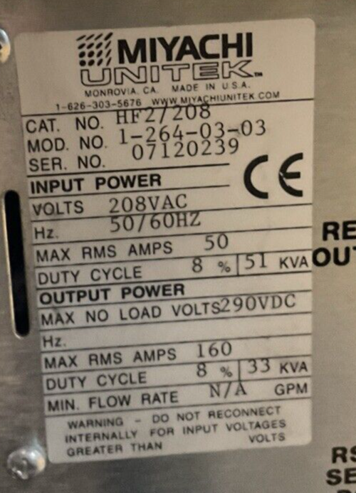 MIYACHI HF2/208 OUTPUT 290VAC 160A 33KVA INPUT 208VAC 50AMP 51KVA 2kHz HIGH FREQ1