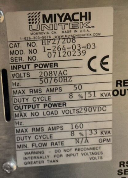 MIYACHI HF2/208 OUTPUT 290VAC 160A 33KVA INPUT 208VAC 50AMP 51KVA 2kHz HIGH FREQ1