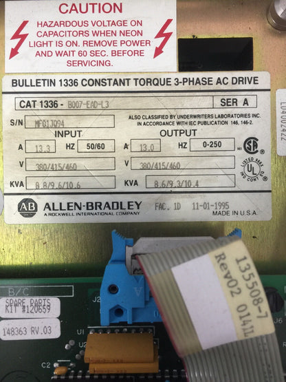 ALLEN BRADLEY 1336-B007-EAD-L3 CONSTANT TORQUE AC DRIVE 380/415/460V OUTPUT 13A1
