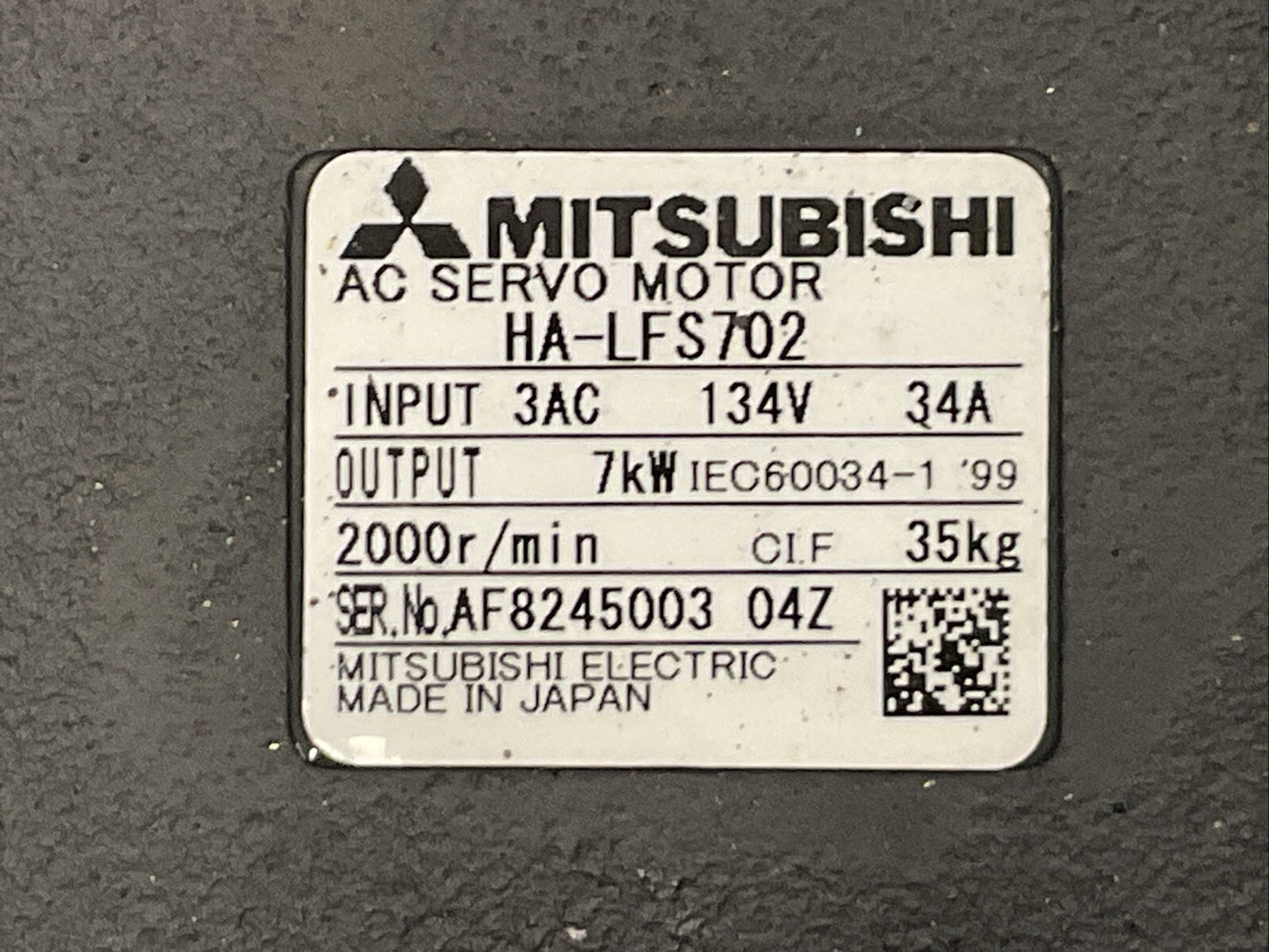 MITSUBISHI HA-LFS702 AC SERVO MOTOR 2000RPM OUTPUT  7kW INPUT 134VAC 34A1
