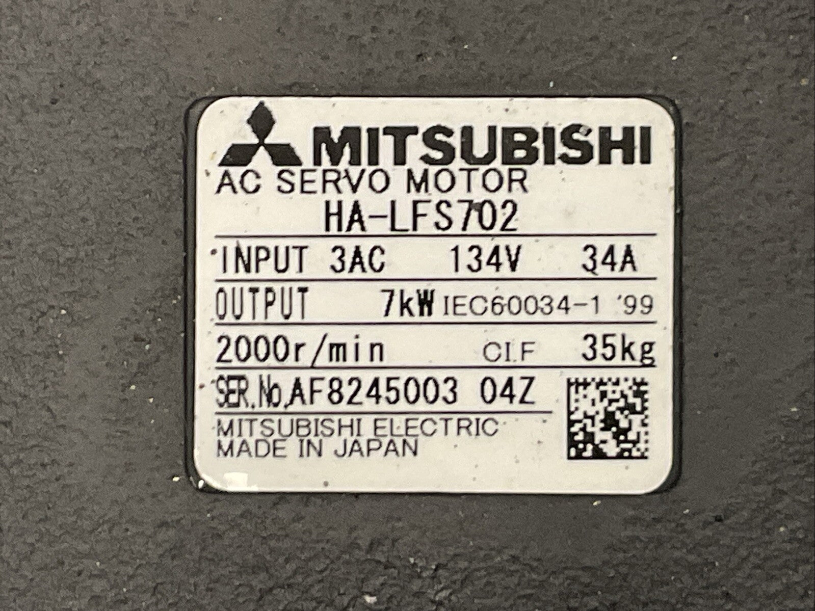 MITSUBISHI HA-LFS702 AC SERVO MOTOR 2000RPM OUTPUT  7kW INPUT 134VAC 34A1