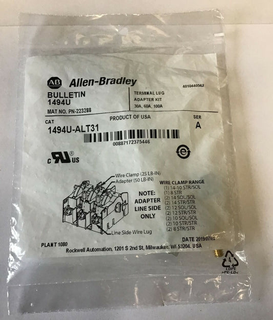  ALLEN BRADLEY 1494U-ALT31 TERMINAL LUG ADAPTER KIT SER.A 30,60,100AMP 0