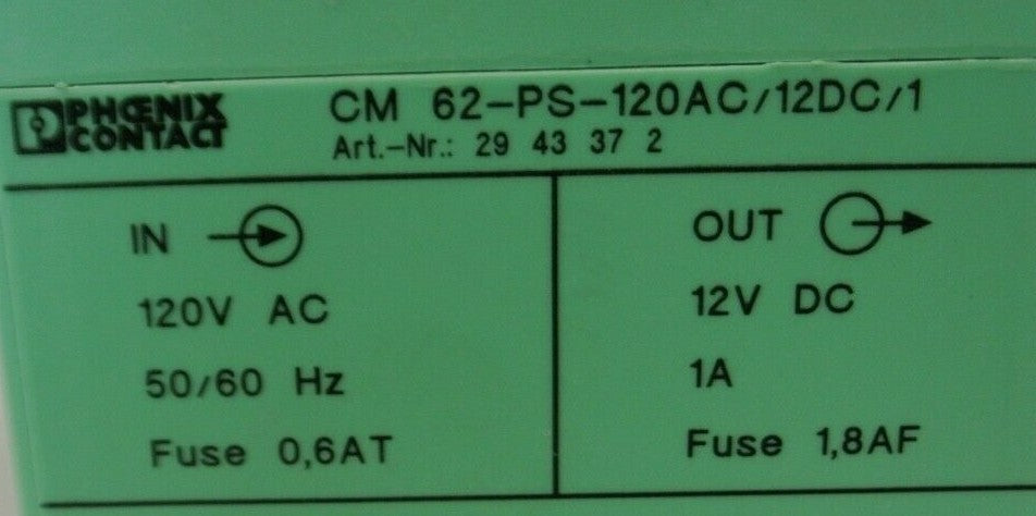 PHOENIX CONTACT CM 62-PS-120AC/12DC/1 POWER SUPPLY / 120VAC -- 12VDC / 1A1