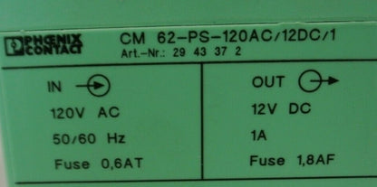 PHOENIX CONTACT CM 62-PS-120AC/12DC/1 POWER SUPPLY / 120VAC -- 12VDC / 1A1