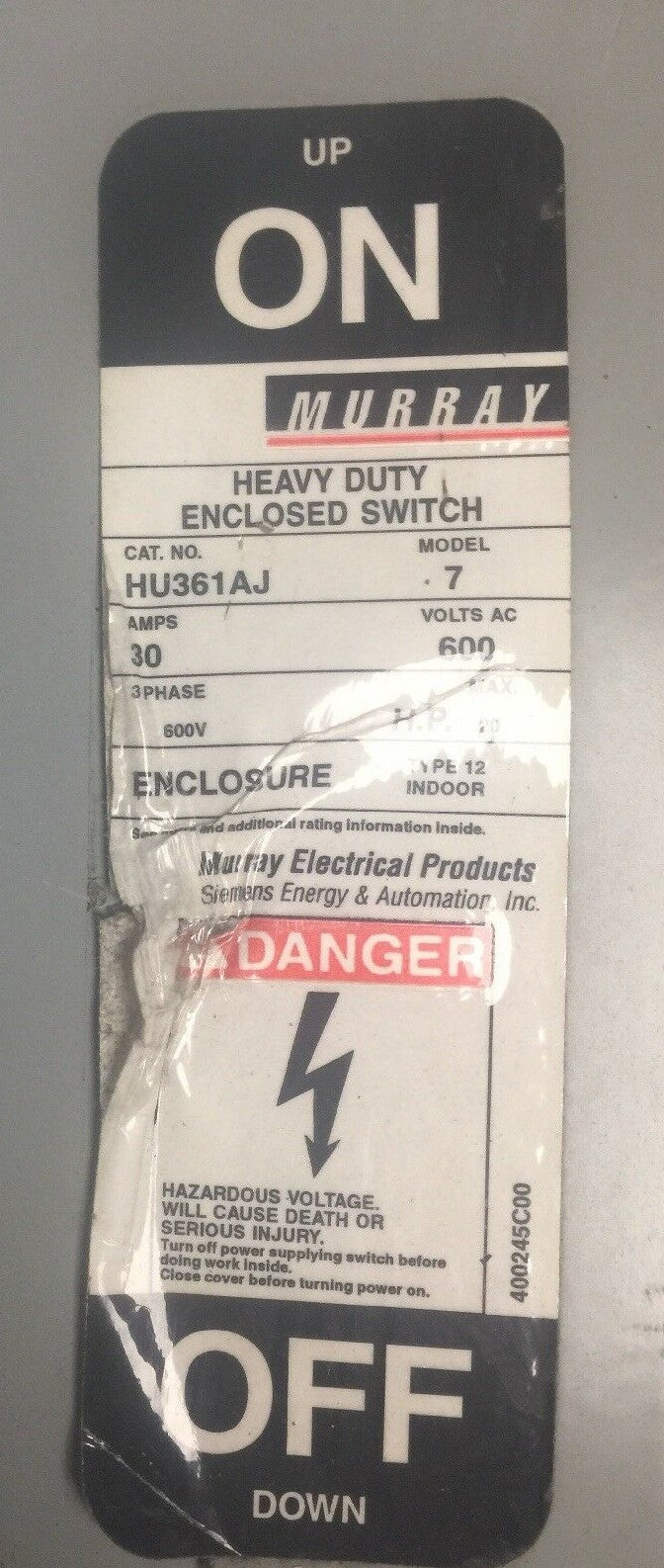 MURRAY HU361AJ HEAVY DUTY ENCLOSED SWITCH 30AMP 600VAC 3 PHASE 20HP TYPE 12 7