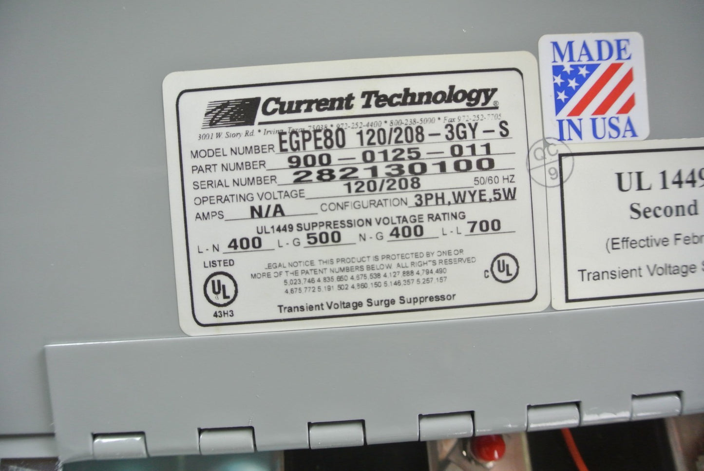 CURRENT TECHNOLOGY 900-0125-011 / EGPE80 PANELBOARD EXTENSION SUPPRESSION FILTER5