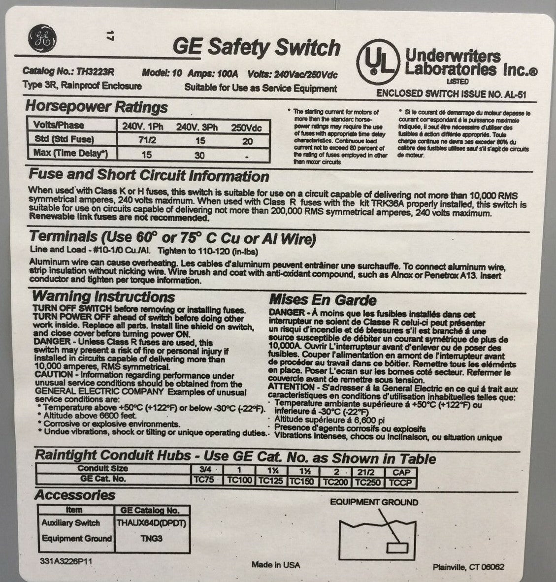 GE TH3223R FUSIBEL SAFETY SWITCH TYPE 3R MODEL 10 100A 240VAC 250VDC 2P TYPE 3R1