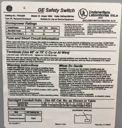 GE TH3223R FUSIBEL SAFETY SWITCH TYPE 3R MODEL 10 100A 240VAC 250VDC 2P TYPE 3R1