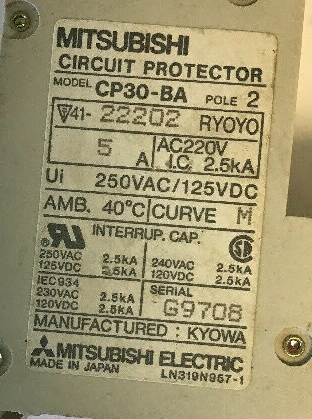 MITUBISHI CP30-BA 5AMP CIRCUIT PROTECTOR 2POLE 250VAC/125VDC 2