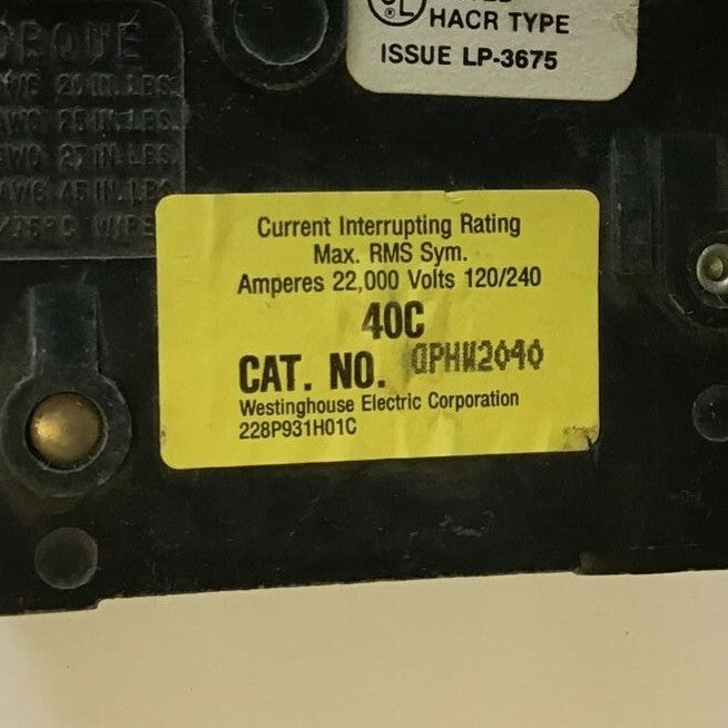 WESTINGHOUSE QPHW2040 CIRCUIT BREAKER 120/240VAC 2POLE  QUICKLAG***LOTOF5***6