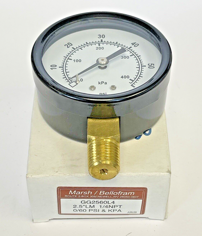MARSH/ BELLOFORM - GG2560L4- PRESSURE GAUGE - 2.5" DIAMETER, 1/4" NPT, 0-60 PSI0