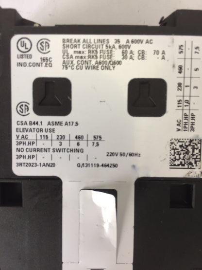 SIEMENS 3RT2023-1AN20 CONTACTOR 600VAC 3 POLE SIRIUS G/131119*E02* 220V 50/60HZ3