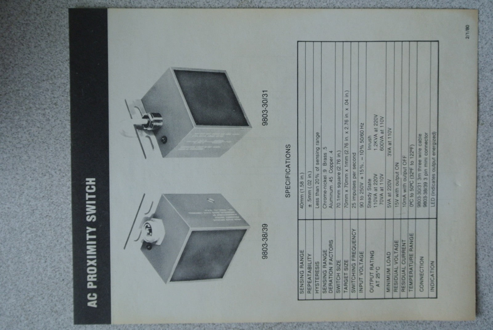 ISSC 9803-38 - SOLID STATE METALLIC PROXIMITY SWITCH - 90-250VAC, 6VA8