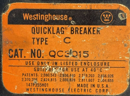 CUTLER HAMMER / WESTINGHOUSE QC3015 CIRCUIT BREAKER 15A 3P 120/240VAC1