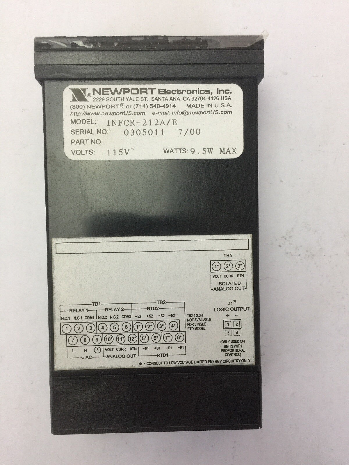NEWPORT ELECTRONICS INFCR-212A/E TEMPERATURE CONTROLLER 115VAC 9.5W3