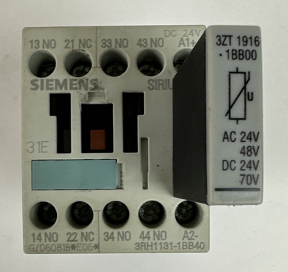 SIEMENS 3RH1131-1BB40 CONTACTOR 10A 600VAC COIL 24VDC 3ZT 1919-1BB00 SURGE SUPPR0