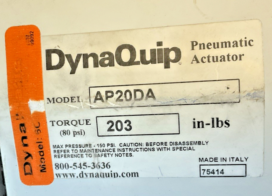 DYNAQUIP AP20DA PNEUMATIC ACTUATOR 80PSI 203IN-LBS1