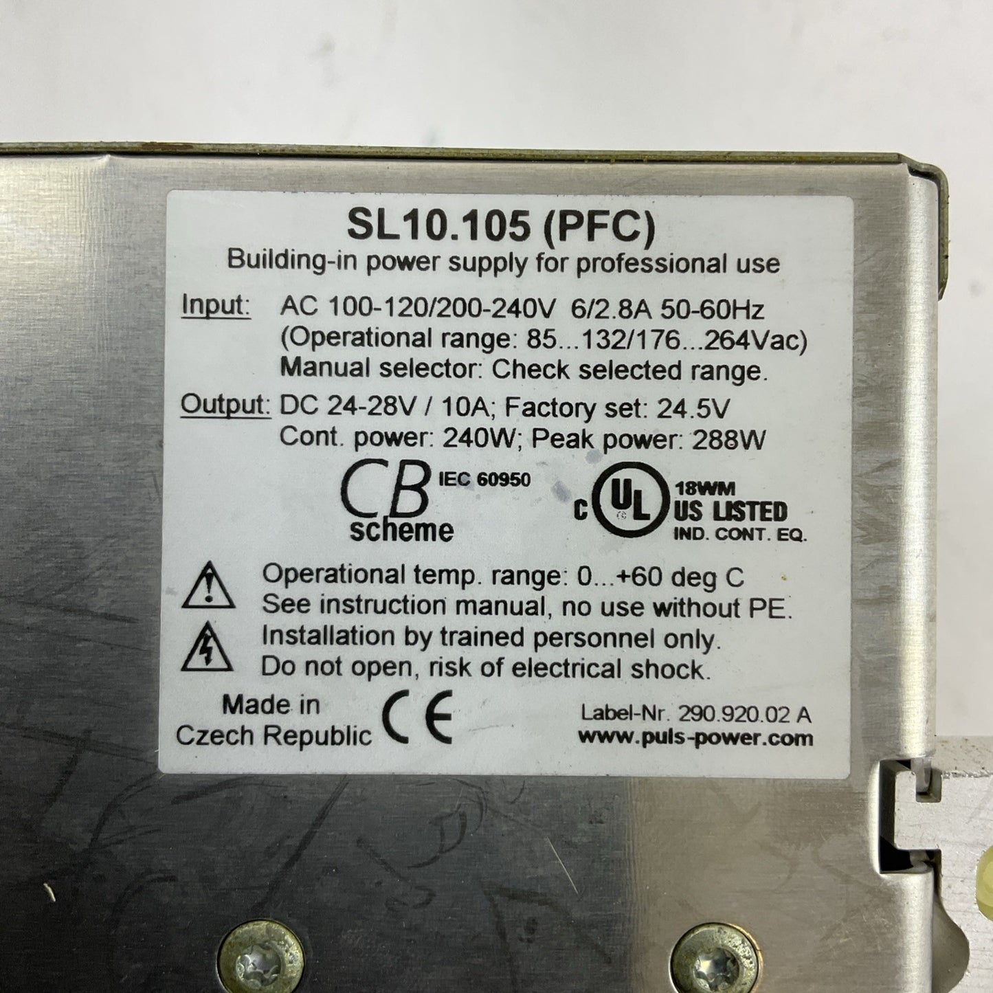 PULS SL10.105 POWER SUPPLY OUTPUT 24-28VDC 10A INPUT 100-120/200-240VAC 6/2.8A1