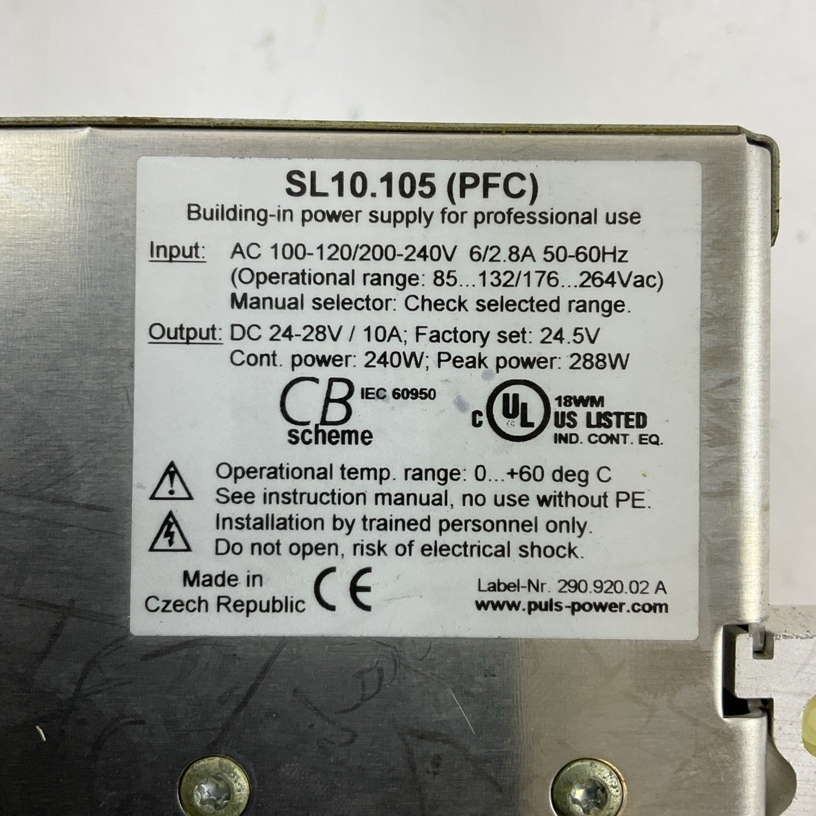 PULS SL10.105 POWER SUPPLY OUTPUT 24-28VDC 10A INPUT 100-120/200-240VAC 6/2.8A1