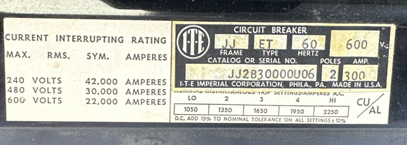 ITE JJ2B30000U06 CIRCUIT BREAKER 2POLE 300AMP 600VAC 250VDC JJ FRAME ET TYPE1