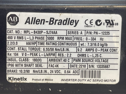 ALLEN BRADLEY MPL-B430P-SJ74AA SERVO MOTOR SER A 5000RPM 2.2/3.0 kW/HP 9.2AMP1