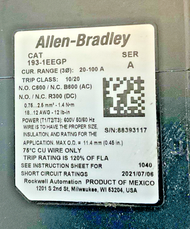 ALLEN BRADLEY 193-1EEGP OVERLOAD RELAY SER.A 20-100A E1002