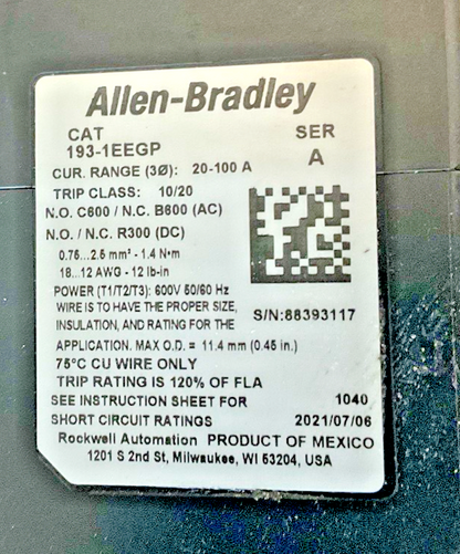 ALLEN BRADLEY 193-1EEGP OVERLOAD RELAY SER.A 20-100A E1002