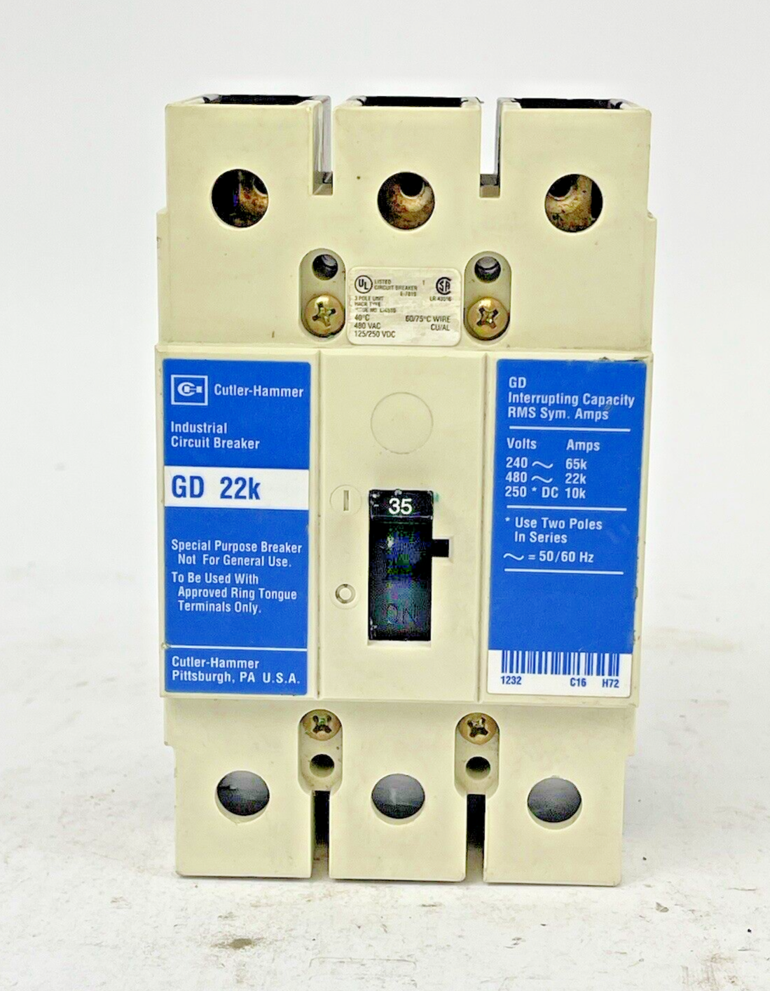 CUTLER-HAMMER - GD3035 - INDUSTRIAL CIRCUIT BREAKER - 3 POLE, 35 AMP, 480 V0