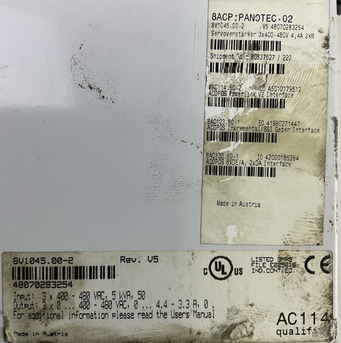 B&R ACOPOS 1045 8V1045.00-2 REV V5 SERVO DRIVE 8AC123.60-1 REV E0 8AC114-60.21