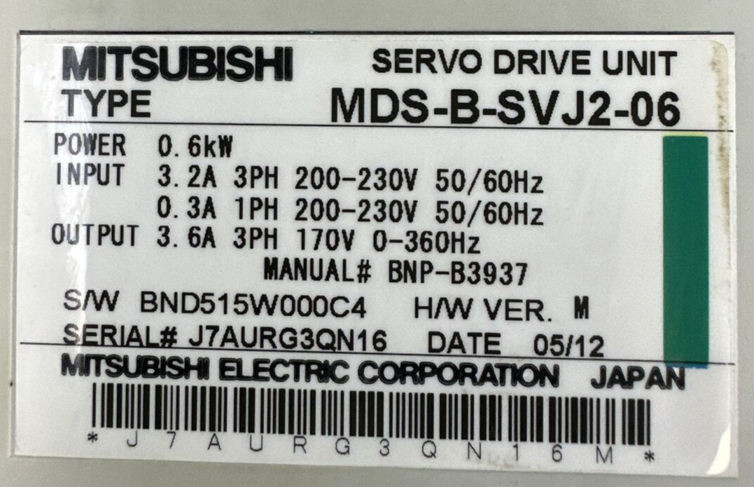 MITSUBISHI MDS-B-SVJ2-06 SERVO DRIVE H/W VER M OUTPUT 3.6A 3PH 170V POWER 0.6kW3