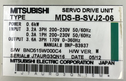 MITSUBISHI MDS-B-SVJ2-06 SERVO DRIVE H/W VER M OUTPUT 3.6A 3PH 170V POWER 0.6kW3