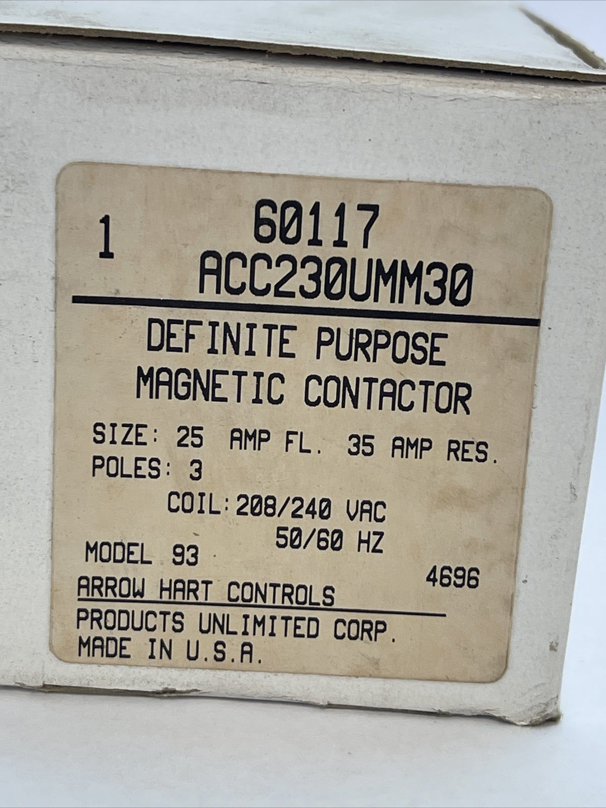 ARROW HART 60117 ACC230UMM30 DIFINITE PURPOSE MAGNETIC CONTACTOR 208/240VAC 25A1