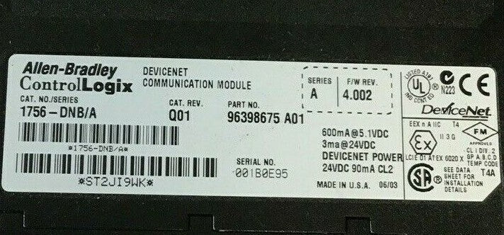 ALLEN BRADLEY 1756-DNB/A CAT.REV.Q01 SER. A F/W RE.4.002 DEVICENET COMMUNICATION0