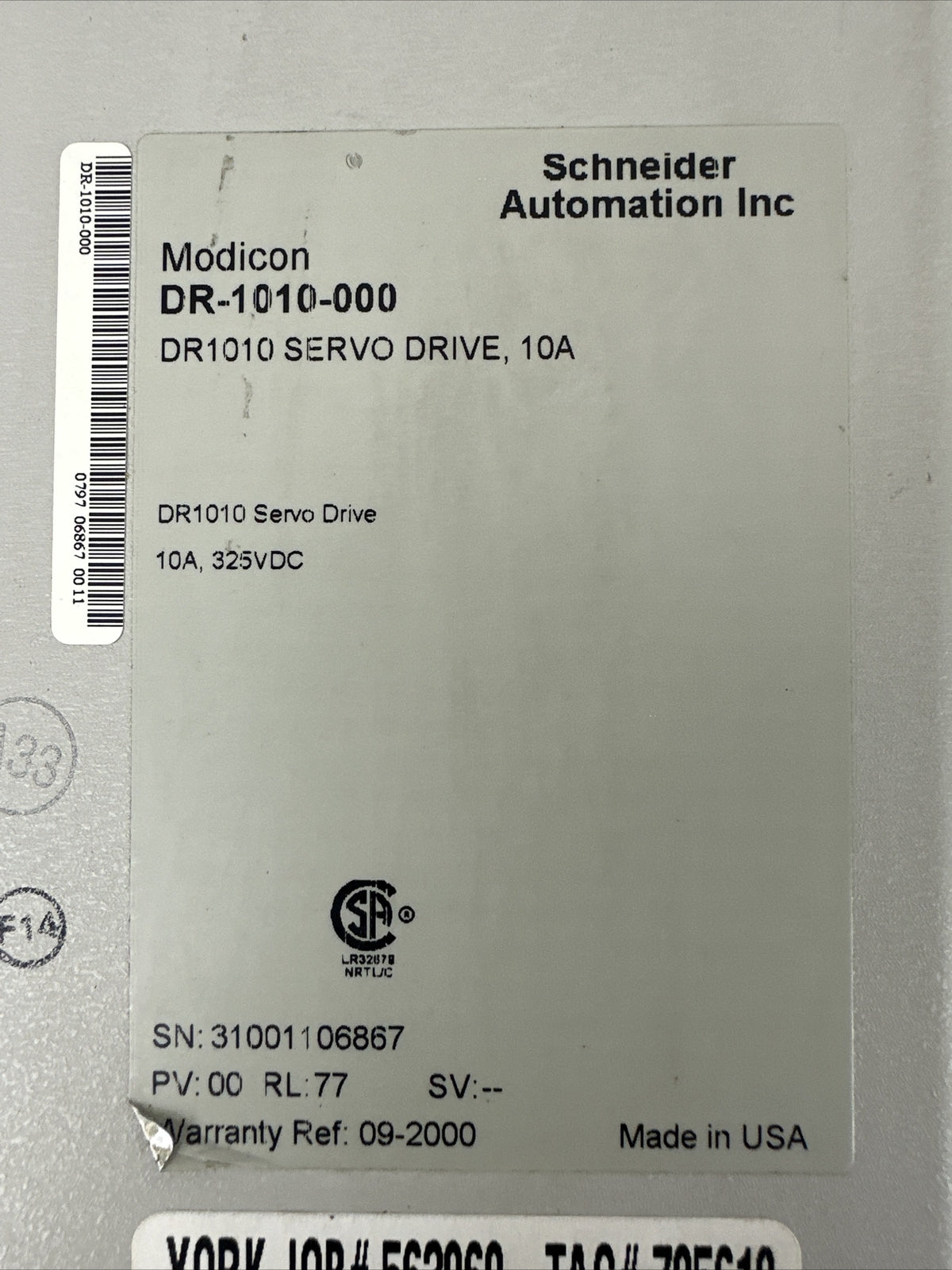 MODICON DR-1010-000 DR1010 SERVO DRIVE 10A 325VDC CYBERLINE 1000A SERVO DRIVE1
