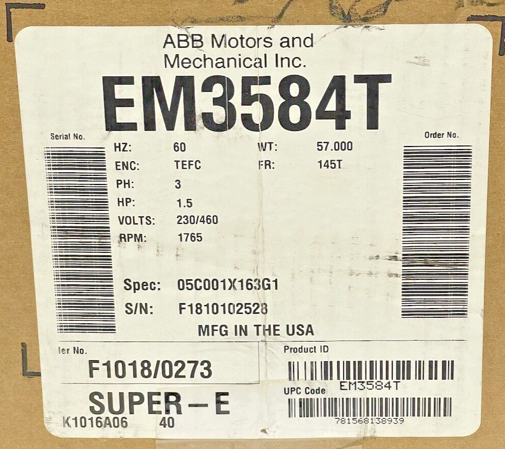 BALDOR - EM3584T - GP Motor -1.5 Hp 3 Phase 230/460V 1765 RPM 145t Frame SUPER-E1