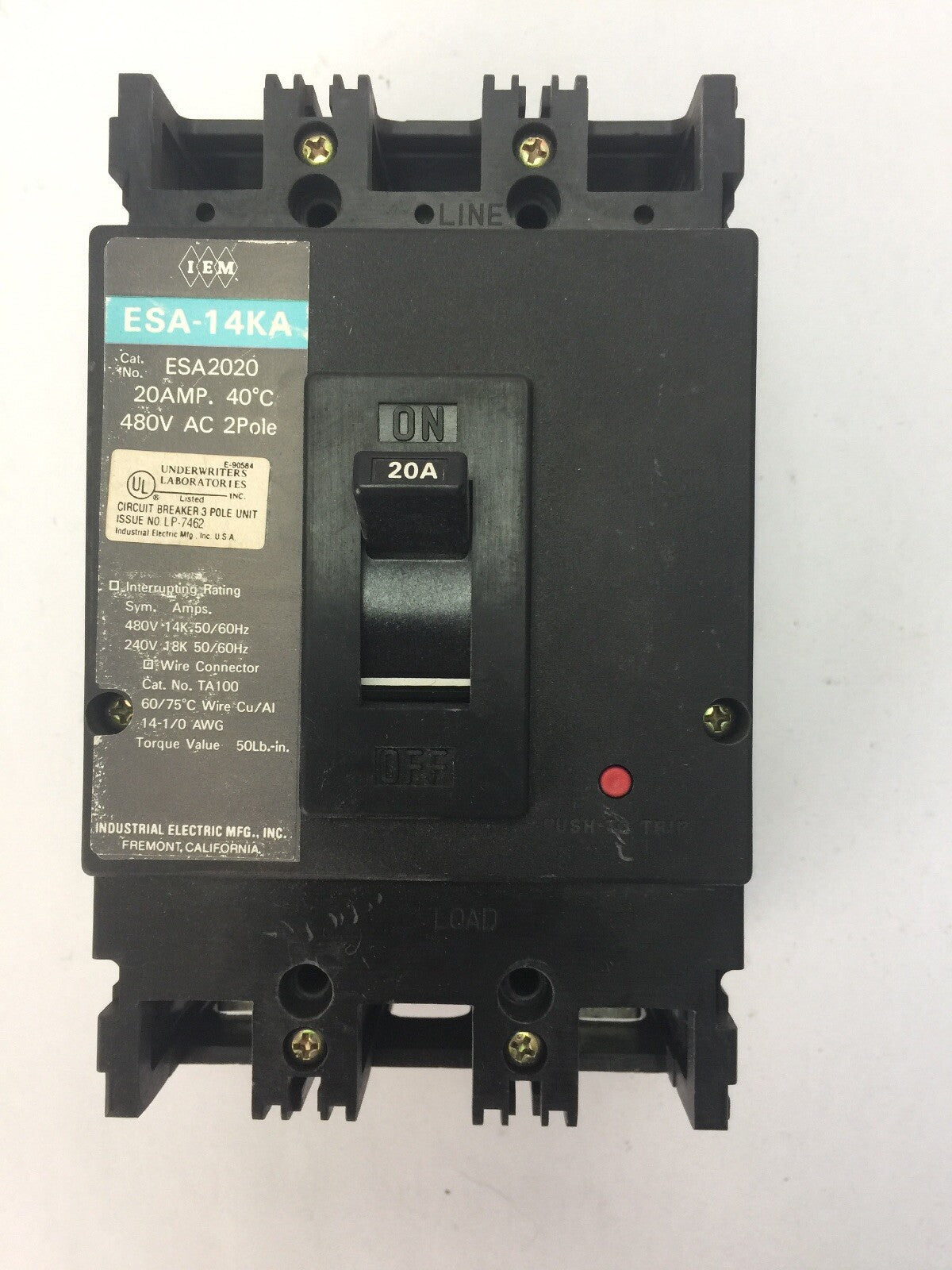 IEM ESA2020 CIRCUIT BREAKER 20AMP 480VAC 2 POLE INDUSTRIAL ELECTIC MFG0