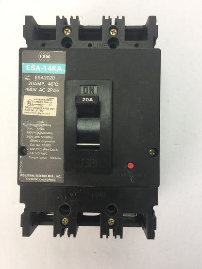 IEM ESA2020 CIRCUIT BREAKER 20AMP 480VAC 2 POLE INDUSTRIAL ELECTIC MFG0