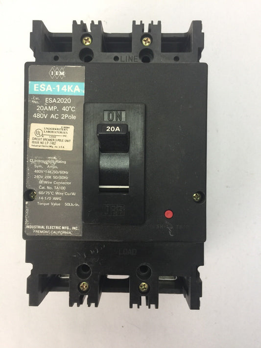 IEM ESA2020 CIRCUIT BREAKER 20AMP 480VAC 2 POLE INDUSTRIAL ELECTIC MFG0