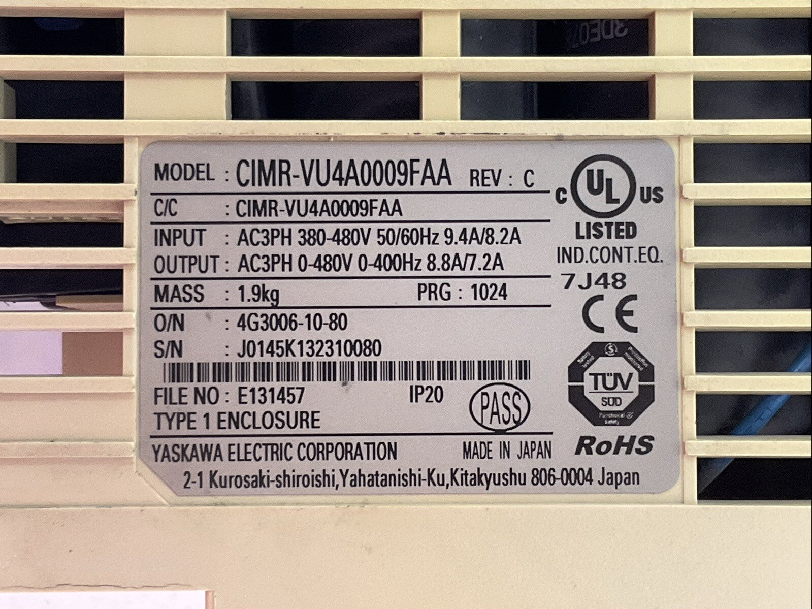 YASKAWA CIMR-VU4A0009FAA AC DRIVE OUTPUT 0-480VAC 3PH 8.8/7.2A INPUT 380-480VAC2