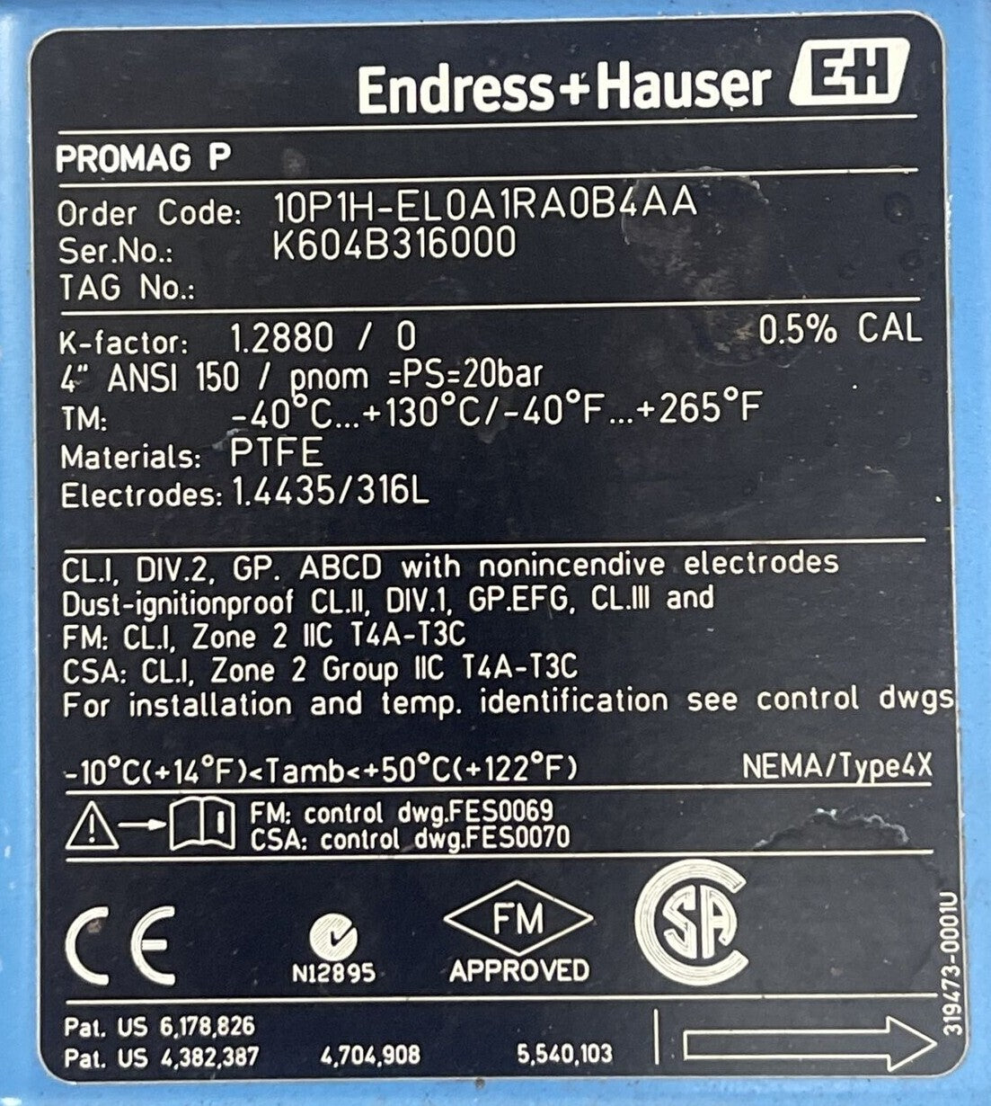 ENDRESS+HAUSER 10P1H-EL0A1RA0BAA ELECTROMAGNETIC FLOW METER 85-250VAC TYPE 4X2