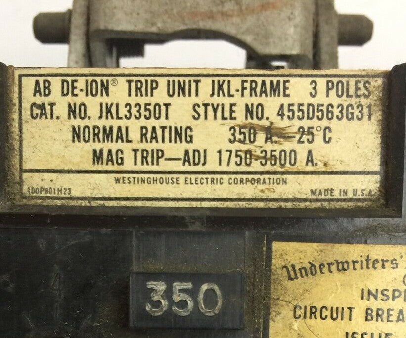WESTINGHOUSE JKL3350T AB DE-ION TRIP UNIT 350AMP INST TRIP 1750-3500A 455D563G311