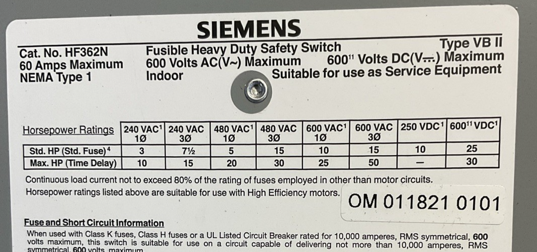 SIEMEN HF362N FUSIBLE SAFETY SWITCH 600VAC 50HP 600VDC 30HP 60A1