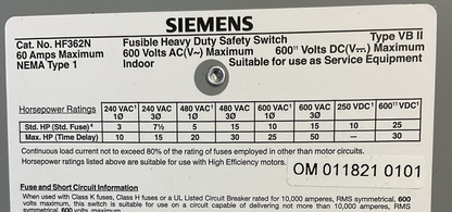SIEMEN HF362N FUSIBLE SAFETY SWITCH 600VAC 50HP 600VDC 30HP 60A1